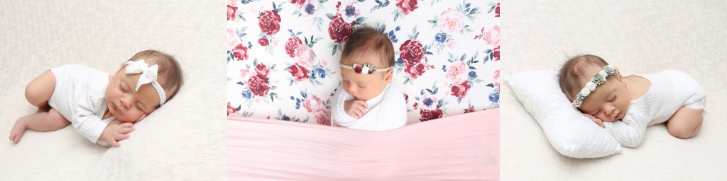 Collage of 3 photos. Two of the photos are on a tan background and one photo is on a floral background. Newborn girl is asleep in all three photos.